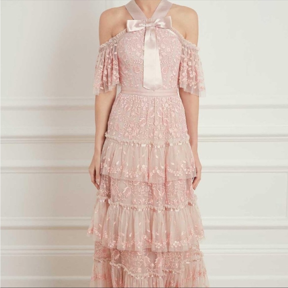 Needle & Thread Primrose Pastel Pink Bow Off Shoulder Wedding Prom Dress Gown